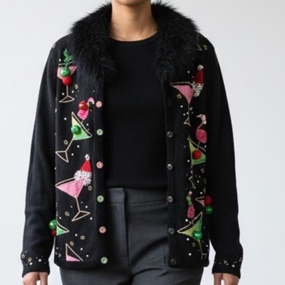Just B Womens Black Christmas Cocktail Flamingo Beaded Cardigan Sweater Large
